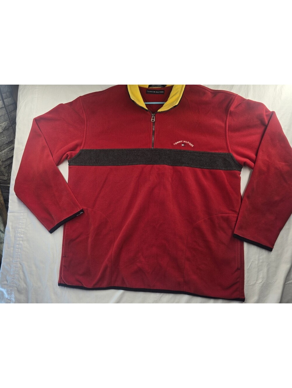 Vintage Tommy Hilfiger Fleece XL Red 1/4 Zip Pullover Color Block Flag Pocket